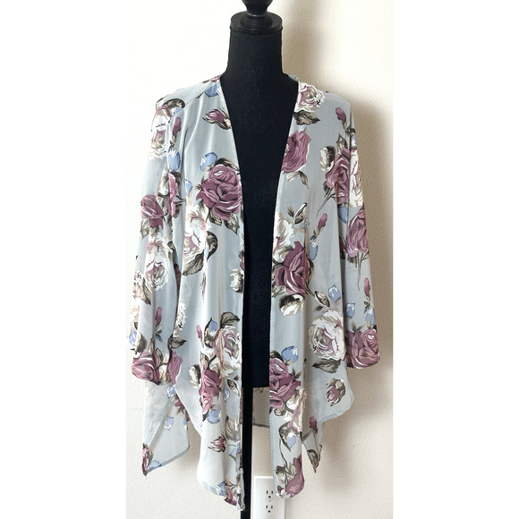 Women's‎ Kimono Gray Floral Kimono Coverup Size Small - Picture 16 of 16